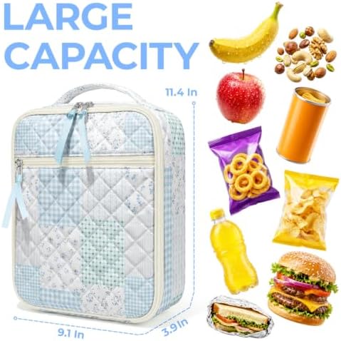 shiprabags Cotton Quilted Lunch Box for Women, Reusable Insulated Lunch Bag, Leakproof Floral Lunch Tote Bag for Work Picnic Travel Office (Green Blue Patchwork, M) - 1