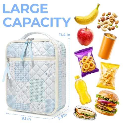 shiprabags Cotton Quilted Lunch Box for Women, Reusable Insulated Lunch Bag, Leakproof Floral Lunch Tote Bag for Work Picnic Travel Office (Green Blue Patchwork, M)