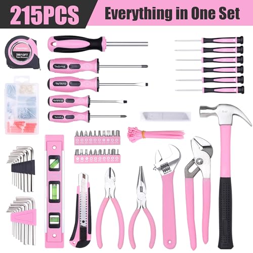 Image of FASTPRO 215-Piece Pink Tool Set, Home Repairing Tool Set with 12-Inch Wide Mouth Open Storage Bag, Household Hand Tool Kit, Pink