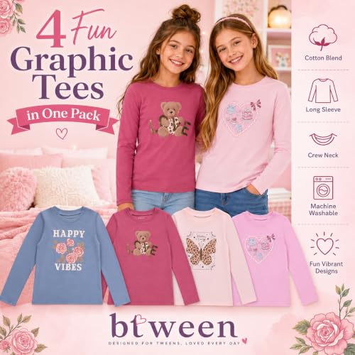 Image of BTween Girls 4 Pack Long Sleeve Graphic T-Shirts Cotton Blend, Fun Vibrant Designs