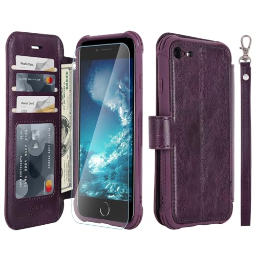 VANAVAGY Compatible for iPhone SE2/SE3/8/7 Wallet Case, PU Leather Flip Phone Cover with Wrist Strap for Wireless Charging with RFID Blocking Card Holder and Screen Protector,Dark Purple by VANAVAGY - Used condition - US$10.21