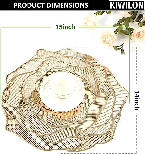 Image of Rose Design PVC Dining Table Placemat Set of 6 | Heat Resistant & Non-Slip Table Mats for Dining Table | Washable Decorative Place Mats for Kitchen & Dining | 38 x 36 CM (Gold, Rose)