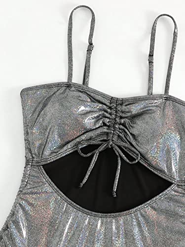 Makemechic Women's Metallic Glitter Cut Out Drawstring One Piece Swimsuit Monokini Bathing Suit Silver L #TOP4