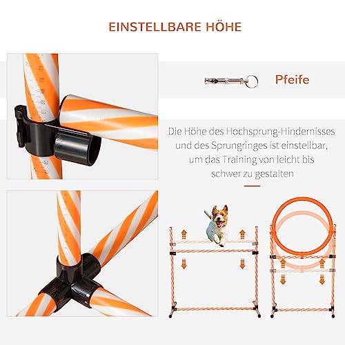 PawHut Hunde Agility Set 5-teiliges Hundetrainigsset Agility-Ausrüstung für Hundetraining, Steckhürdenset mit Hundetunnel, Slalomstangen, höhenverstellbar Hürden Trainingszubehör für Spiele Training