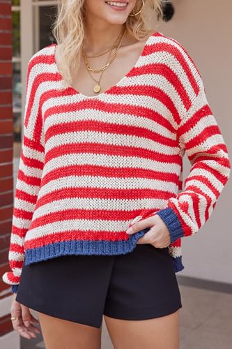 Women's V Neck Long Sleeve Sweaters 2024 Fall Oversized Striped Color Block Drop Shoulder Knit Side Slit Pullover Tops2