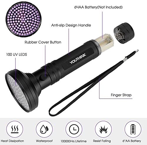 Youthink Black Light, 100 Led Uv Light With Sunglasses, 18W 395Nm Portable Blacklight Ultraviolet Detector Flashlight For Scorpions, Dry Stains, Bed Bug, Pet Urine & Stain Detection #TOP6