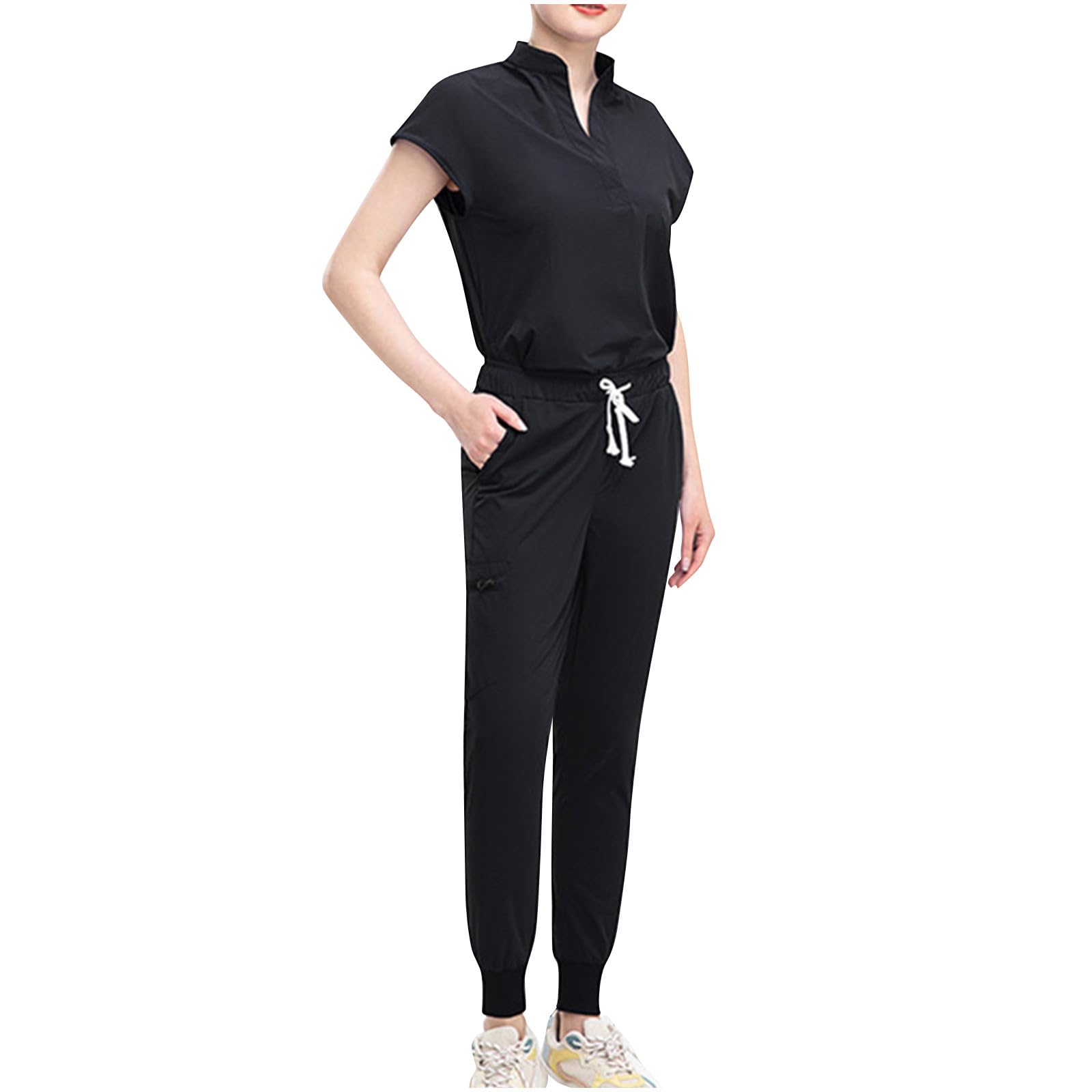 Conjunto de ropa quirúrgica con bolsillos, uniformes de enfermería para mujer, ropa de trabajo sólida con cuello en V, manga corta, botones y pantalones largos, trajes de trabajo para
