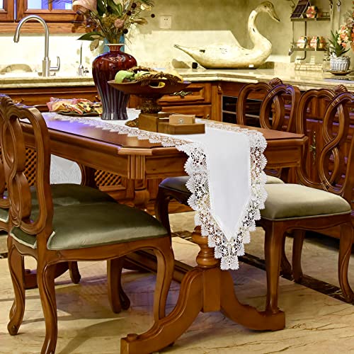 Fragrancosy Elegant Vintage White Table Runner 120 Inches Long With Exquisite Macrame And Embroidered Floral Pattern Perfect As A Dresser Scarf (14X120'') #TOP6