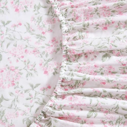 Image of Laura Ashley - Full Sheet Set, Crisp & Cool Cotton Percale Bedding for Year Round Comfort, Deep Pocket, Bed Sheets with Matching Pillowcases (Blossom Bliss Pink)