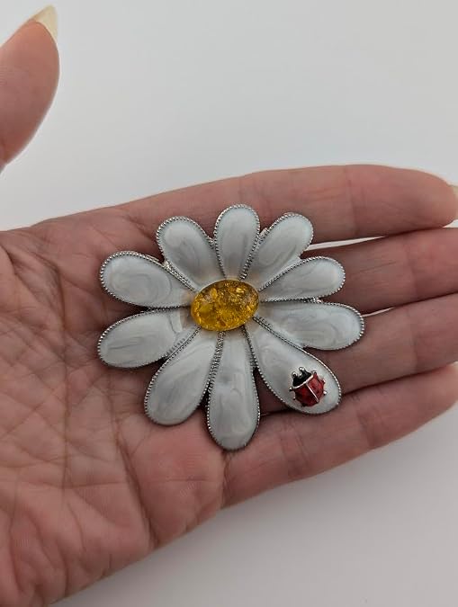 Ladybug & White Daisy Flower Brooch enamel silvertone pin w/lady bird insect, faux amber center