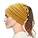 Produktbild Dafunna Damen Mädchen Winter Strickmütze Gestrickt Verdicken Hut Warme mit Zöpfen Loch Loop Wintermütze Beanie für Pferdeschwanz Mütze (Senfgelb, Einheitsgröße)