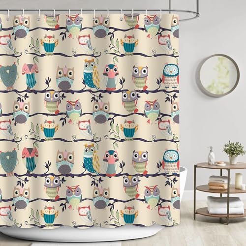 APROPHIC Duschvorhang Eule 180x180 Duschvorhänge Cartoon Eulen Tiere Kinder Spaß Pflanzen Kinder Bad Vorhang Polyester Stoff wasserdichte Badezimmer Dekoration mit 12 Haken