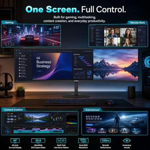 Image of Deco Gear 49 Inch Curved Ultrawide Monitor, 5120x1440 Dual QHD 32:9 1500R VA Display, HDR400, 120Hz, Adaptive Sync, 1ms MPRT, USB-C 65W PD, KVM, PIP /PBP, Gaming & Workstation Setup, for PC & Laptop