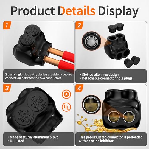 joinfworld 2 port insulated multi tap connector 10-14 awg aluminum to copper wire connectors single side entry black electrical cable connectors with slotted allen hex - 6 pack