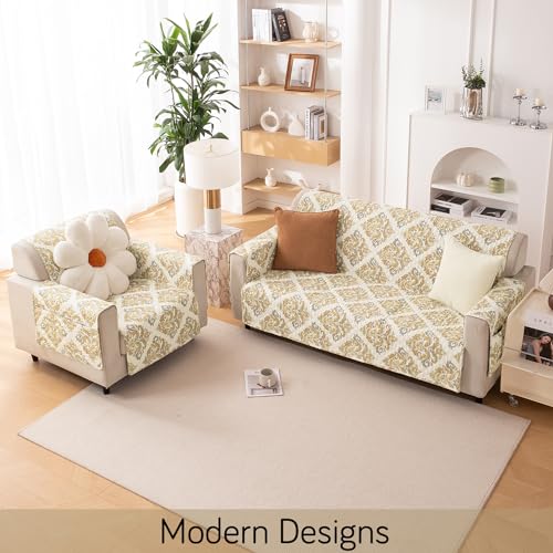 Image of HOKIPO 'VivaCasa Series' Polyester 2 Seater Quilted Sofa Cover with Pockets, Damask Beige (IN-739-D4)