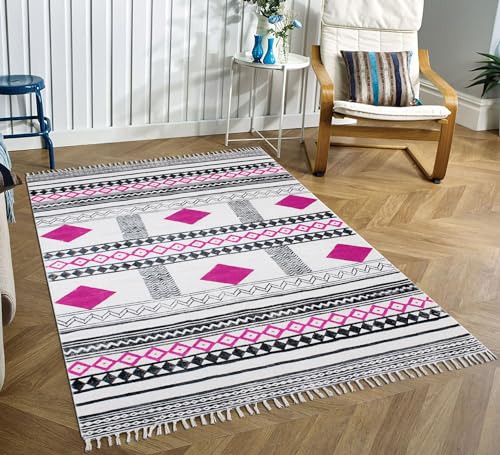 Tapis de Noël Dhurrie抗污棉质粉色地毯解决客厅走道多磨损问题 - 3