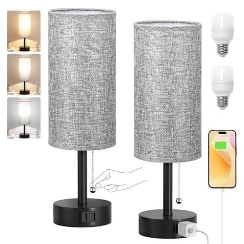 Fenmzee Grey Bedside Table Lamps Set of 2-3 Color Temperatures Pull Chain Lamp with AC Outlet Charging Port, Round Night Stand Lamps for Bedroom Office, Small Bed Side Light with E26 LED Bulbs by Fenmzee - Used condition - Image 8