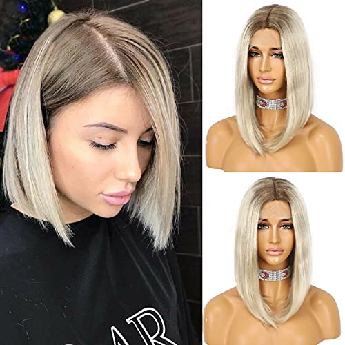 Sapphirewigs Blonde Bob Wig Brown Root Ombre Blonde Bob Short Straight Middle Part Synthetic Bob Wigs for Cosplay Daily Party Use 14inch