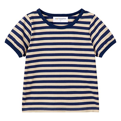 Mud Kingdom Toddler Boys T-Shirts Stripe Short Sleeve Crewneck Cotton Navy Blue and Beige 5T