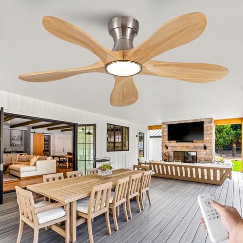 Image of Dimmable 42 Inch Flush Mount Ceiling Fans with Lights and Remote, 5 Blade Wood Bedroom Ceiling Fan Outdoor Ceiling Fans for Patios Low Profile Ceiling Fan with Light for Bedroom Indoor