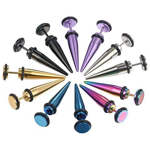 Aroncent 12PCS Stainless Steel Fake Taper Earrings for Men Women Fake Illusion Tunnel Cheater Spike Earrings Fake Plug Earrings Piercing Jewelry Cover