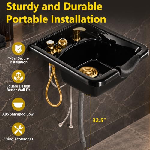 Professional Shampoo Bowl for Salons, Black ABS Plastic Shampoo Sink with Faucet for Hair Salons, Barber Stores, Beauty Salons and Home Use (Black Gold) by Luxitero - Used condition - Image 3