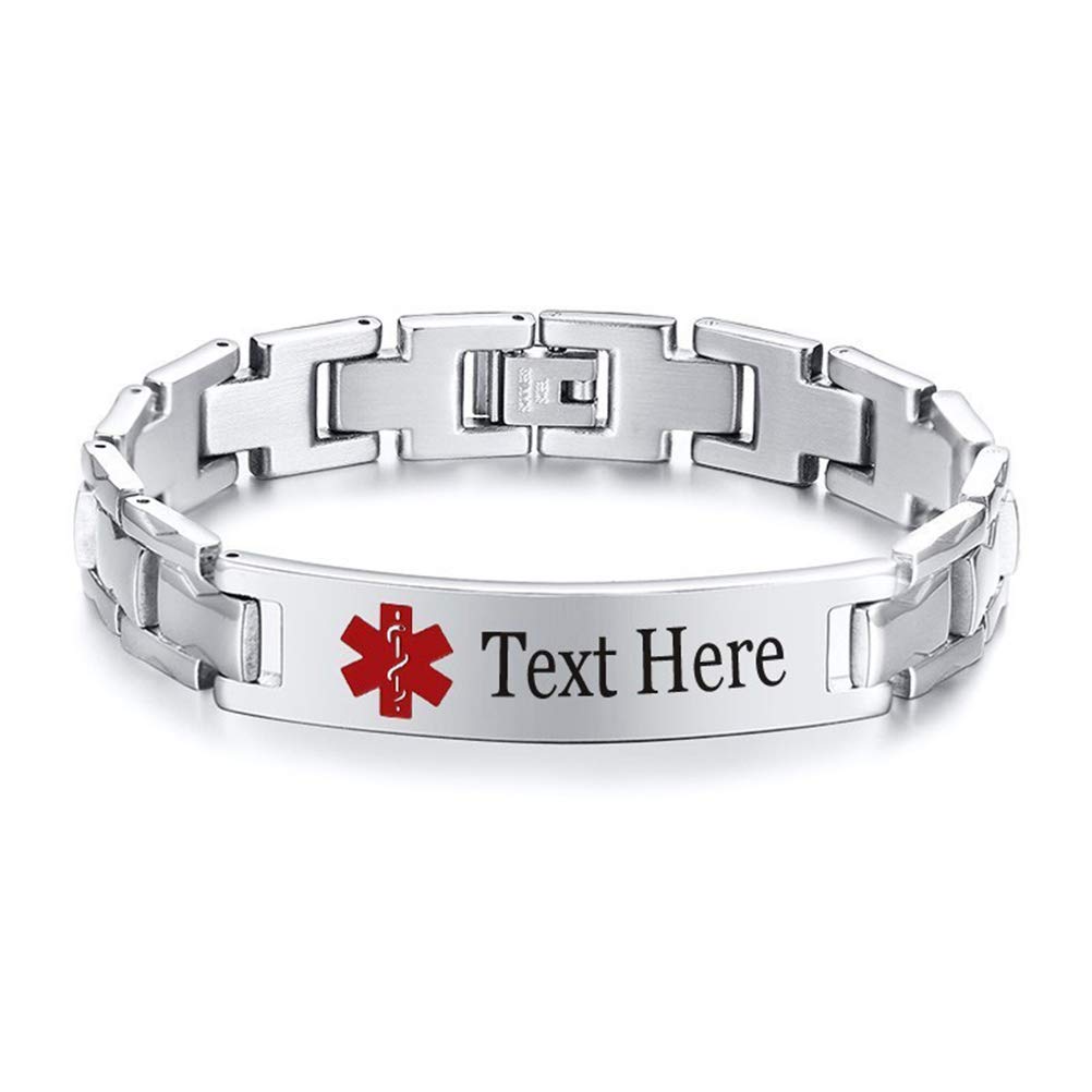 Fashion Month Bracelet d'identification médicale en acier inoxydable pour homme et femme Gravure gratuite Nom de maladie ICE Info