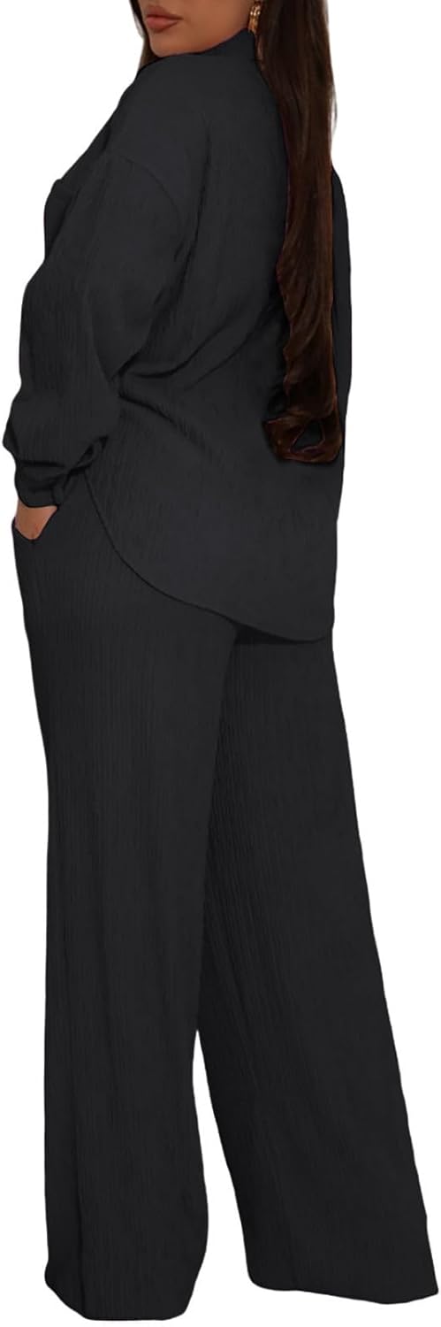 Ophestin Women 2 Piece Dressy Outfits Casual Pleated Long Sleeve Button Down Shirt Wide Leg Pants Loungewear Matching Sets - Image 2
