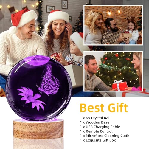 Image of 3D Butterfly Crystal Ball Night Light with 16 Colors and 4 Modes, Upgraded K9 Crystal, 3.15 Inch Butterfly and Flower Figurines, Remote Control, Gift Box