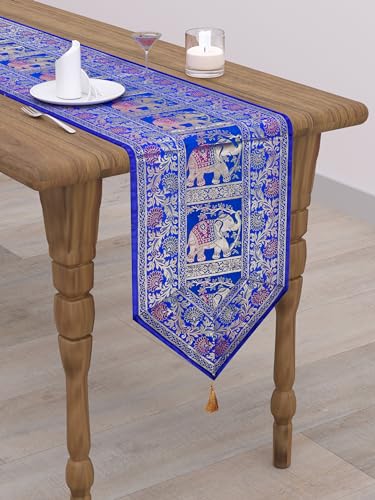 Image of Banarasi Brocade Zari Silk Table Runner Dinning & Centre Table Runner 177 By 30 CM (Blue, Elephant)