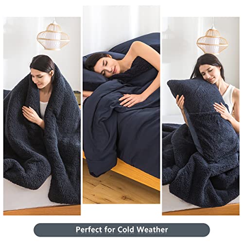 Cottebed Warm Comforter Queen Size Sherpa Comforter Set Fuzzy Bedding Comforters Washable Cotton Fleece Down Alternative Lightweight Comforter And Pillow Shams(Dark Blue,Full/Queen) #TOP6