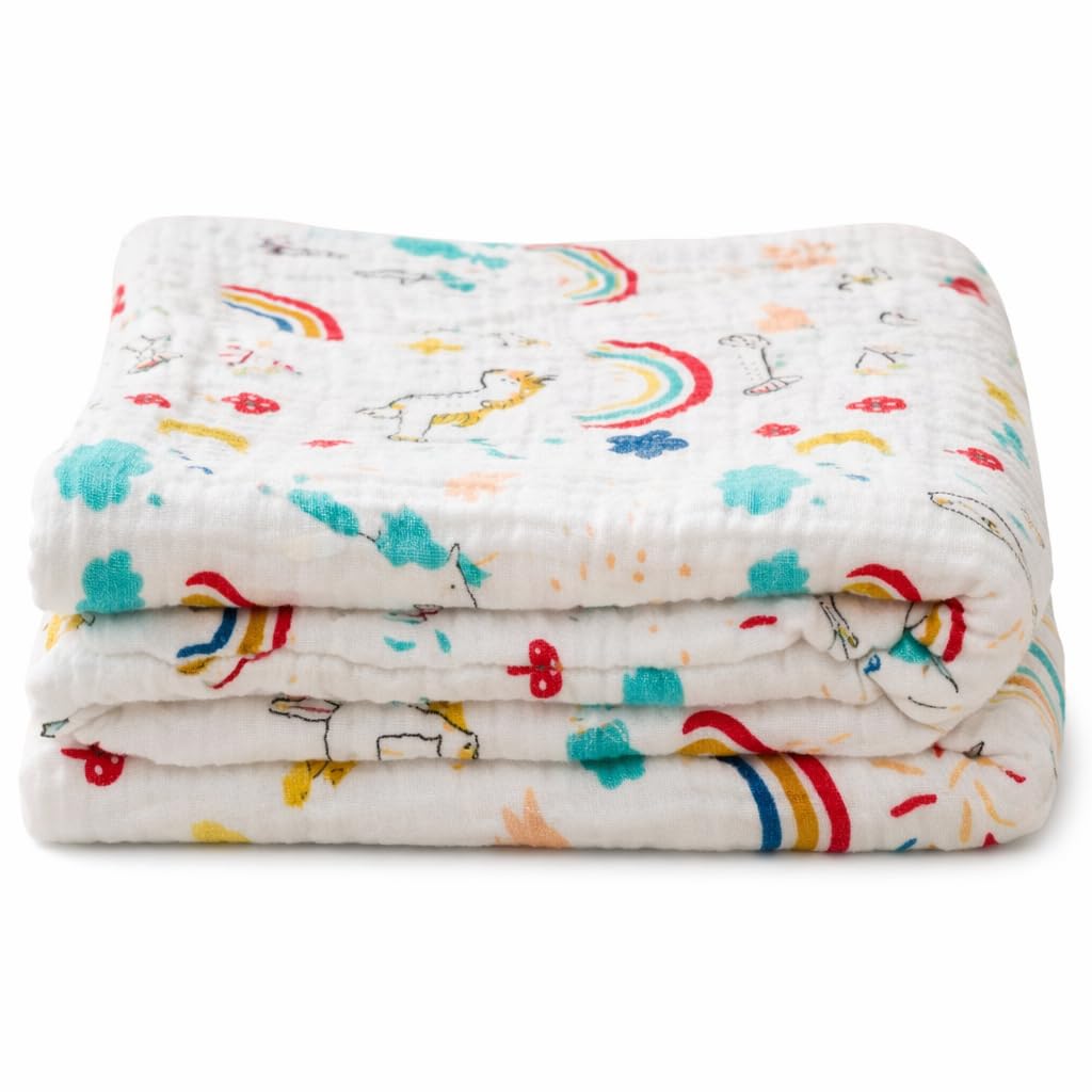 BASEEFY Muslin Bath Towel for Babies – 6 Layer Premium Cotton, Super Soft, Breathable & Highly Absorbent, Gentle on Sensitive Skin for Kids Boys and Girls (105 * 50 CM, Unicorns)