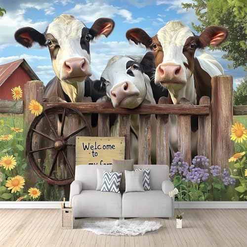 Tapete Fototapete 3D Effekt Fotografie Bauernhof Kühe Blumen Wandbild Wanddeko für Wohnzimmer Schlafzimmer, Vlies Tapeten mit Geruchsfreiheit Wandposter Wandkunst, 200 x 140 cm