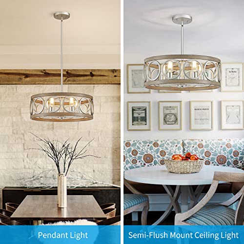 Xingqi 21.7'' Modern Farmhouse Chandelier, Drum Ceiling Light Fixture For Living Dining Room Over Table, 5 Lights Antique Wood Grain Brushed Nickel With Round Metal thumb #1