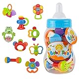 WISHTIME Baby 11pcs Shake and Rattle Toys - Multicolored Acrylonitrile Butadiene Styrene Baby Rattle Toys for Newborn Infant with Giant Bottle Gift for 3 6 9 12 18Month