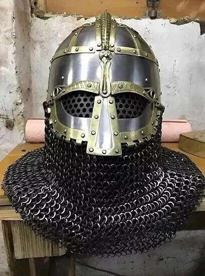 14GA Vendel Viking Knight Helmet with Chainmail Steel & Brass | SCA Combat Ready, Chainmail Aventail, Steel & Brass Build, Adult Unisex Fit, Medieval Costume