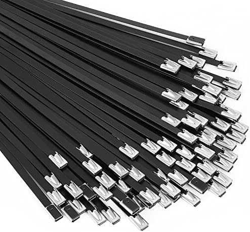 Metal Zip Ties black 100pcs 11.8 inch 304Stainless steel Epoxy Coated Cable Tie Multi-purpose Self-locking Cable Ties used for machinery, vehicles, farms, cables, pipesas well as Outdoor binding