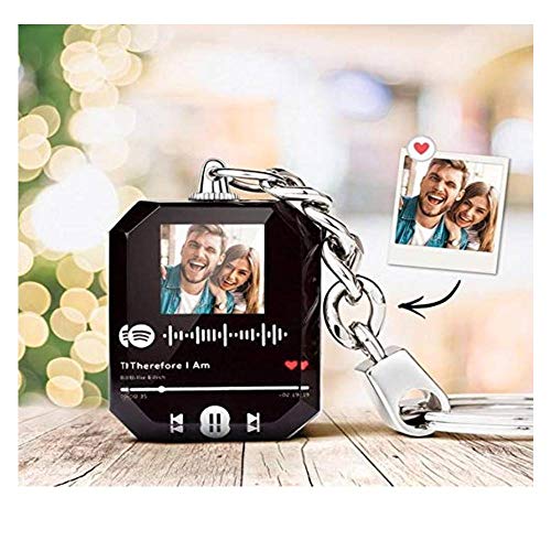 Customiz Crystal photo Keychain, Personalized Album Cover Spotify Picture Engraved Keyring Music Keychain Song Sign Custom Name + Your photo Acrylic Song Plaque Song Sign Gift -Black