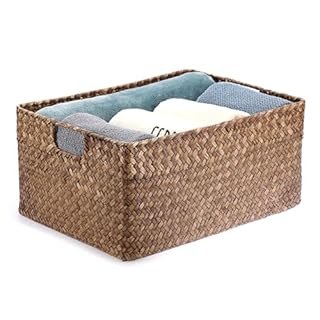 IGNPION Seagrass Storage Opened Basket Living Room Decorative Baskets Woven Wicker Towel Basket Rectangular Bathroom Storage Organiser Box, Shelves & Desks Multipurpose Storage Hamper, XL