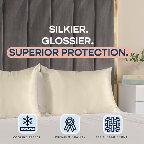 BLISSFORD Satin Pillowcase with Zipper, for Hair and Skin Care, Feels Soft and Cool Like a Silk Pillowcase, Satin Pillow Cases 2 Pack, Slik Pillow Cover, Champagne, Queen, Set of 2