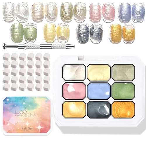 Woobena Pat Pat Gel,9 colors Ombre Gel Nail Polish Gradient Patting Gel Nail Kit for Painting DIY Nail Art No Wipe, Blooming UV/LED Curing with Tweezer and 100Pcs Nail Sponges for Ombre