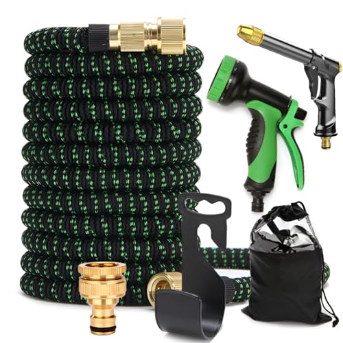 CyperEver 100ft Expandable Garden Hose with 10-Pattern Nozzle & High-Pressure Black Spray Gun, 3/4" Brass Connector & Storage Bag, Retractable Water Hose High Pressure for Car Wash & Lawn Watering