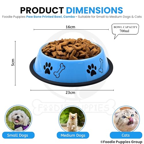 Image of Foodie Puppies Stainless Steel Dog Bowl Combo - (Medium, 700ml) Food and Water Feeding Gift Bowl | Suitable for Dogs, Cats and Other Pets I Paw Bone Print, Anti-Skid Rubber Base (Pink + Sky Blue)