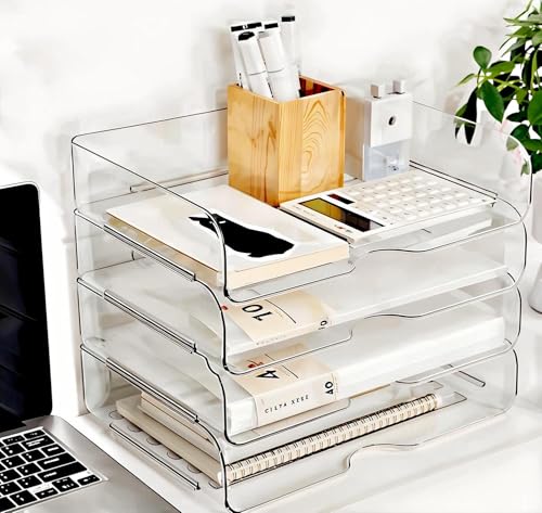 Image of 4 Trays Desk Organizer, Stackable Organizers and Storage, Clear Letter Tray for File Paper, Office Supplies, A4 Office File, Books, Notes, Paper Folder