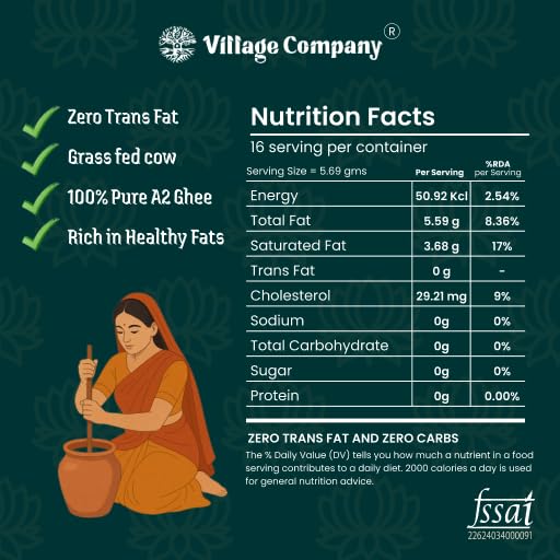 Image of Village Company A2 Cow Ghee Bilona Method | Bilona Ghee 100ML Ongole Cow | Bilona Ghee | Pure Ghee A2 Desi Cow Ghee | Vedic Pure Organic | Traditional Curd Churned | Lab-Certified | Glass Jar 100 ML