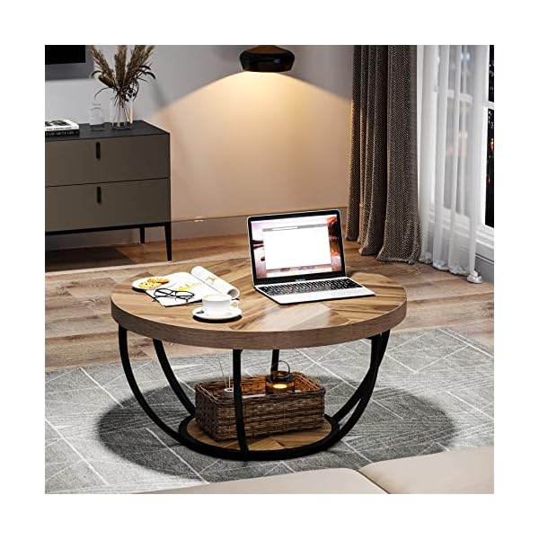 Tribesigns Table basse ronde de cocktail industrielle moderne à 2 niveaux avec étagères, table d'appoint de canapé circulaire avec pieds en métal pour le salon, la maison, grain de bois