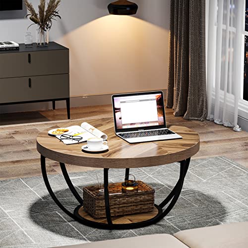 Image of Tribesigns 31.7 inch Round Wooden Coffee Table with Storage Pedestal