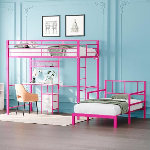 Image of VINGLI Twin Over Twin Bunk Bed with Desk, 15'' Extra High Guardrail Loft Bed with LED Lights,2 Charging Station,and 2 Storage Drawers,2 Deckers Bed,Metal Space Saving Platform Bed with Vanity,Pink