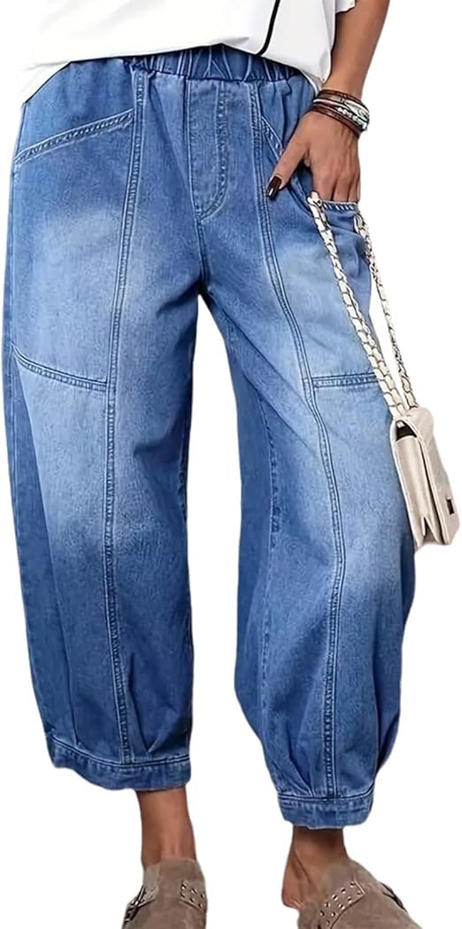 Damen Baggy Straight-Leg-Jeans Trendige Distressed Elastische Taille Lockerer Sitz Jeans Cropped-Hose