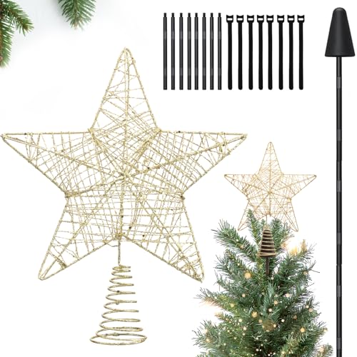 Ponta de árvore de Natal, estrela com suporte, ponta de árvore de Natal para árvore de Natal, decoração rústica para o Natal, Ação de Graças, Ano Novo, decorações de férias